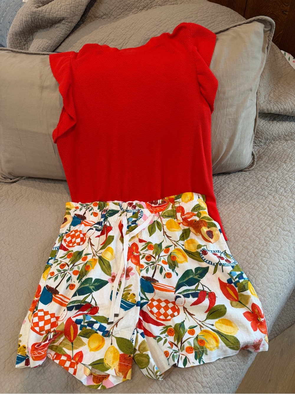 St. John's Bay Bright Red Ruffle Sleeve Top with Multicolor Floral Shorts